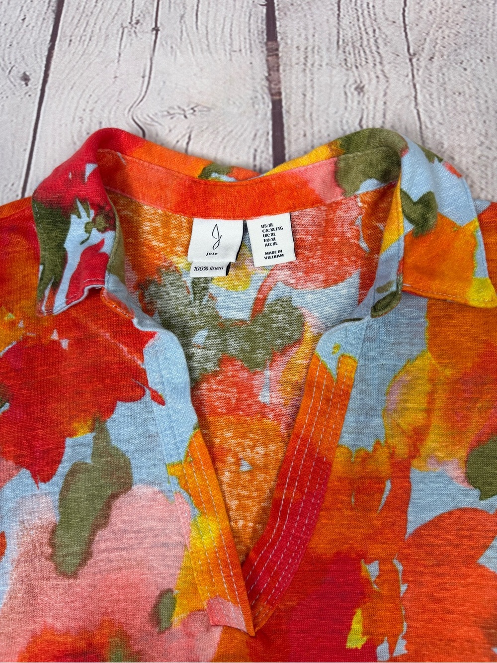 JOIE 100% linen multicolor floral v-neck collared lightweight top, size XL - Picture 2 of 13
